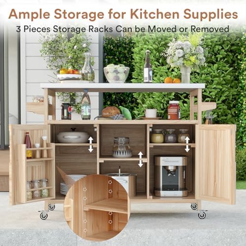 Zevemomo Outdoor Grill Cart with Storage, Stainless Steel Tabletop Outdoor Kitchen Island, Solid Wood Outdoor Buffet Cabinet with Wheels for Grilling, Light Wood Color - Image 5