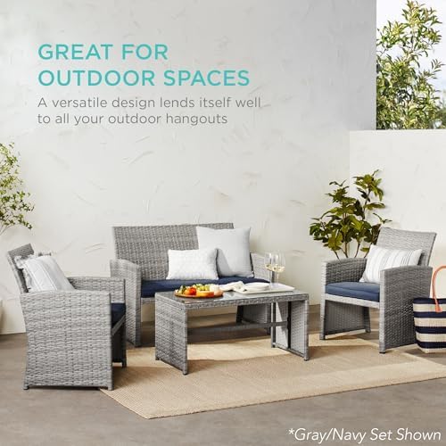 Best Choice Products 4-Piece Outdoor Wicker Patio Conversation Furniture Set for Backyard w/Coffee Table, Seat Cushions - Brown/Midnight Green - Image 6