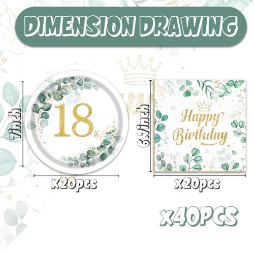 40pcs 18th Eucalyptus Leaf Table Sage Green Party Supplies,include 20 Dessert plate and 20 Napkin,Green Leaf Birthday Plate Napkin Set,Used for Sage Party Decoration - Image 2