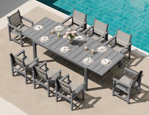 SERWALL HDPE Outdoor Dining Set for 8 with Textilene Chairs, Grey by SERWALL