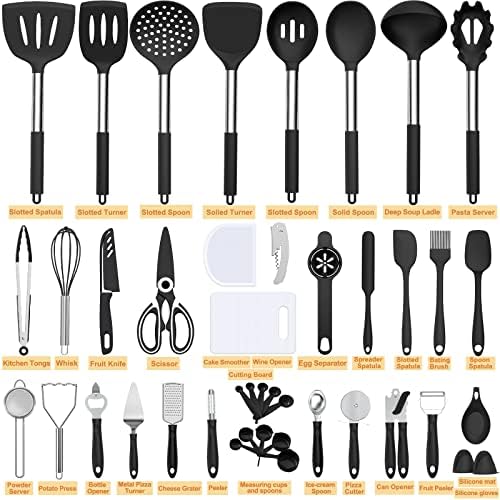 Silicone Cooking Kitchen Utensil Set, Umite Chef 43 PCS Heat Resistant Kitchen Utensils Gadget Set-Stainless Steel Handle- Kitchen Spatula Tools for Nonstick Cookware, Kitchen Accessories(Black) - Image 2