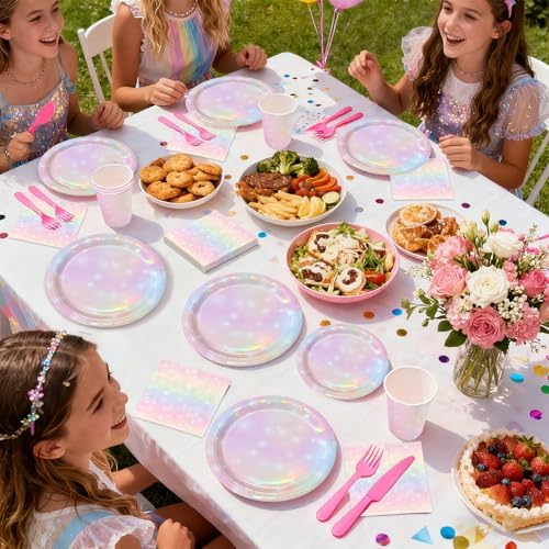 168Pcs Pink Pastel Rainbow Party Decorations Pink Iridescent Plates and Napkins Cups Tableware Sets Rainbow Party Decorations for Rainbow on Cloud 9 Birthday Weddings Baby Shower Supplies Serves 24 - Image 7