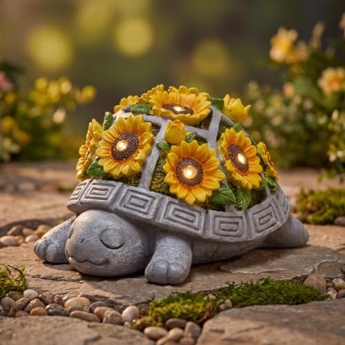 Solar Turtle Garden Statue Outdoor Decor, Sunflower with 7 LED Lights by Snclriao