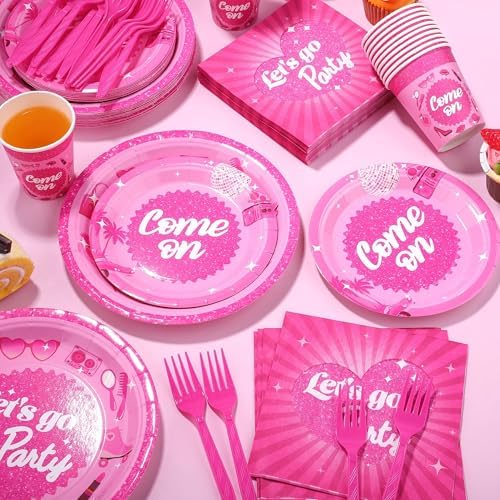 Kochorie 144 Pieces Let's Go Party Tableware Sets Including Disposable Plates Napkins Cups Forks Serves 24 for Birthday Disco Pink Girl Party Supplies - Image 4
