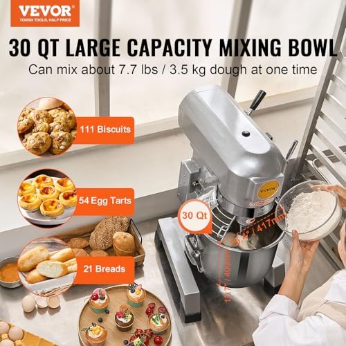 VEVOR Commercial Food Mixer 30Qt, Commercial Mixer with 3 Adjustable Speeds, 1100W Dough Mixer,Commercial Stand Mixer with Stainless Steel Bowl - Image 2