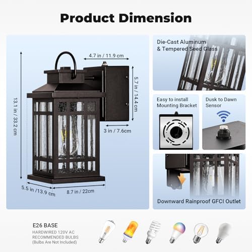 Outdoor Light Fixture Dusk to Dawn, Bronze Porch Light with Outlet - Image 6