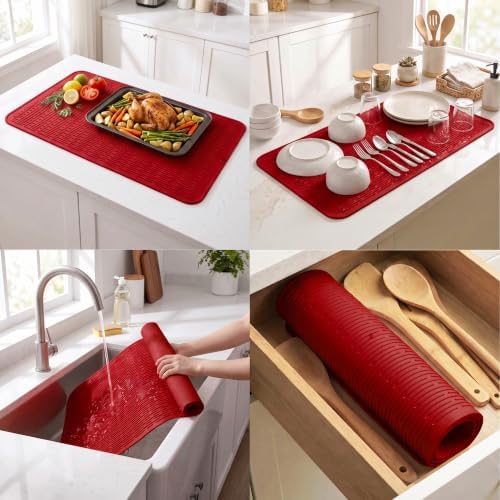 MicoYang Silicone Dish Drying Mat for Multiple Usage,Easy clean,Eco-friendly,Heat-resistant Silicone Mat for Kitchen Counter or Sink,Refrigerator or Drawer Liner Red 5XL 36inches x 18inches - Image 4