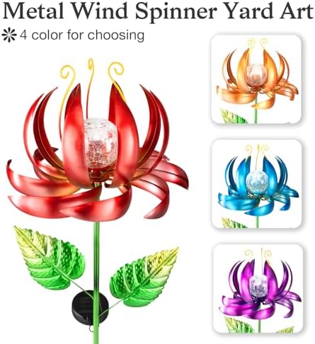 Solar Yard Lights Wind Spinners- Metal Lotus Flower Garden Decor LED Crackle Glass Globe Yard Art Sculpture Solar Stake Lights for Patio Pathway Lawn Walkway (Red-Large) - Image 2