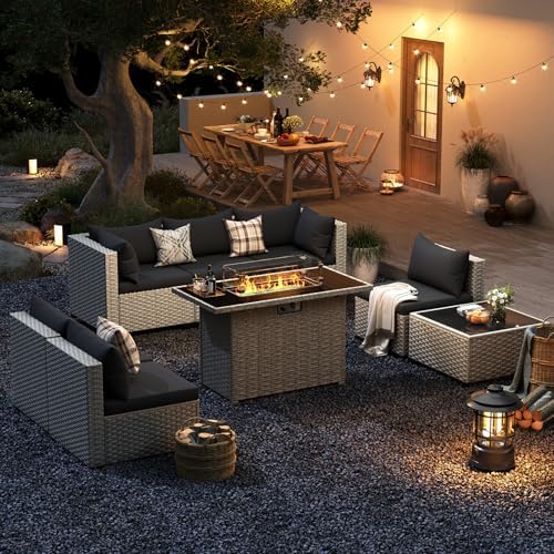 Outdoor Patio Furniture Set with Fire Pit 8 Pcs Wicker Sectional Sofa Black - Image 6