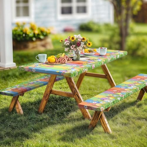 Easter Picnic Table Cover with Bench Covers, Cute Bunny Flower Colorful Wooden Board Camping Tablecloth, Waterproof Windproof, Fitted Tablecloth Cover with Elastic Edge, for Outdoor, 3 PCS, 30x60 Inch - Image 3