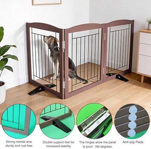 ZJSF Freestanding Dog Fence Indoor, Foldable Dog Gate for Doorways, Stairs or Hallways, Sturdy Wood Extra Wide Pet Gate with Support Feet for The House, Brown, 24 "Height-3 Panels - Image 5