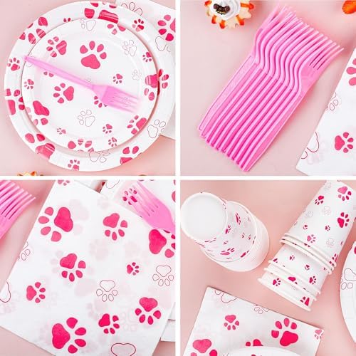 Kochorie 121 Pieces Pink Dog Paw Print Party Supplies Tableware Set - Image 3