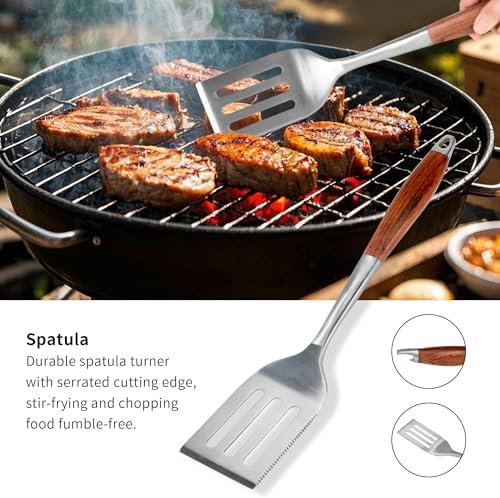 FJNATINH Heavy-Duty Grilling Accessories Rose Wooden BBQ Grilling Tools Set,Outdoor Grill Set with Spatula, Fork & Tongs,Essential Accessories for Barbecue & Grill. Ideal Gift for Men - Image 2