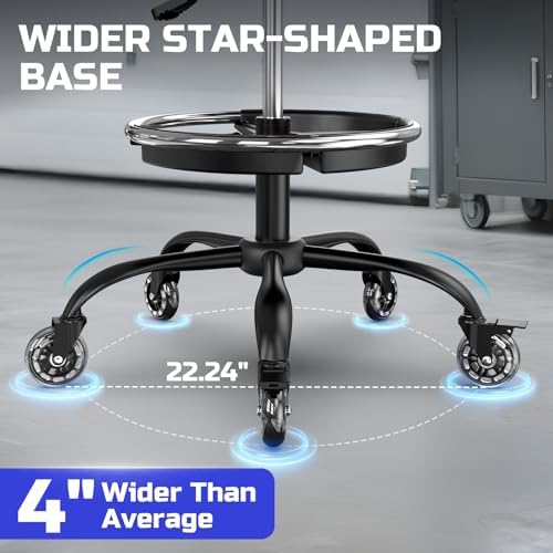 Rolling Shop Stool with Wheels, Garage Mechanic Stool Chair with Backrest, Height Adjustable Heavy Duty Swivel Task Chair, Adjustable Footrest with Storage Tray for Garage Kitchen Salon Tattoo (Blue) - Image 5