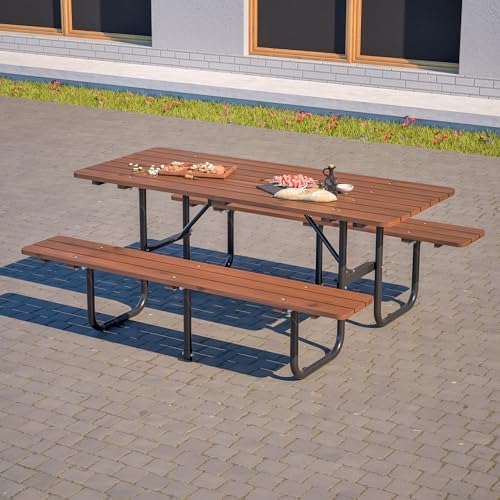 72" Rectangular Outdoor Picnic Table - 6 Person Brown Wooden Dining Set with Built-in Benches, Ideal for Garden BBQ & Courtyards - Image 7
