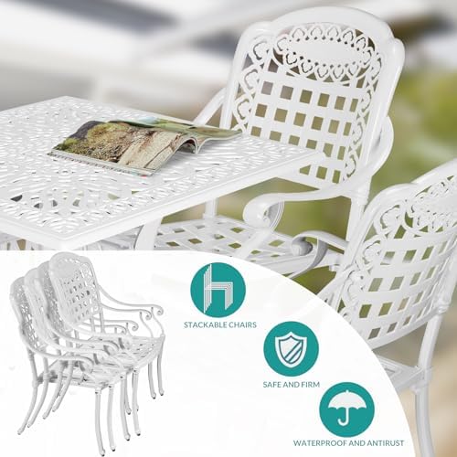 MEETWARM 5-Piece Outdoor Patio Dining Set, All-Weather Cast Aluminum Patio Conversation Set for Backyard Garden Deck with 4 Chairs, 4 Cushions and 35.4" Square Table with Umbrella Hole, White - Image 3