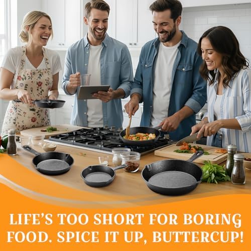 Vesici 5 Pcs Cast Iron Skillet Frying Pans with Drip-spouts Circle Non-stick Frying Skillet Omelette Pan Safe Healthy Cookware for Home Barbecue Kitchen Party Restaurant Catering Service (Mixed Size) - Image 5