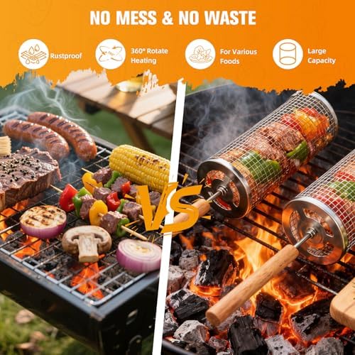 7-Piece BBQ Set, 2 Rolling Grill Baskets for Effortless Flipping,Grilling Tools or Fish,Shrimp,Meat,Vegetables,Fries Food,Outdoor Camping Grilling Accessories,Gifts for Men Dad Husband - Image 4