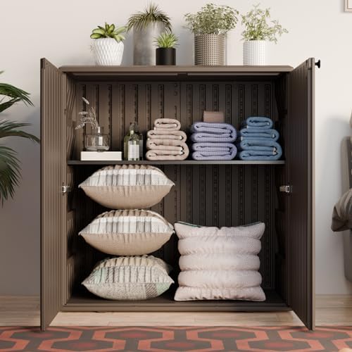 Mrosaa Indoor Outdoor Storage Cabinet Waterproof with 1 Shelf, Plastic Outdoor Storage Cabinets for Patio/Garden/Backyard, Size 34.3''L*15''W*36.2''H(Brown) - Image 6