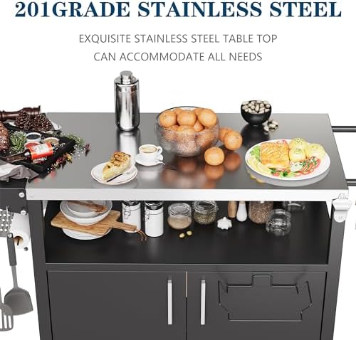 JY QAQA Outdoor Grill Cart with Storage,Patio Kitchen Island Outdoor Grill Table with Wheels,BBQ Cart Movable Pizza Oven Table Stand, Storage Cabinet, Foldable Tabletop, (Black) - Image 3