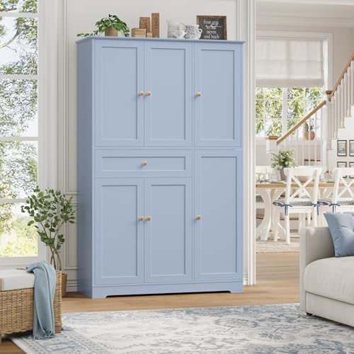 HOSTACK 68"H Kitchen Pantry Storage Cabinet with Door & Shelves, Light Blue - Image 4