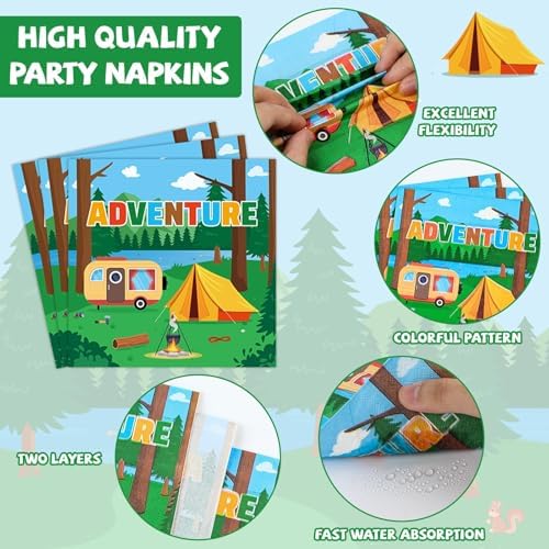 OBUSATT 100PCS Happy Camper Adventure Party Decorations Tableware Set - Disposable Plates, Napkins for Camping Theme Birthday - Serves 25 Guests - Image 4