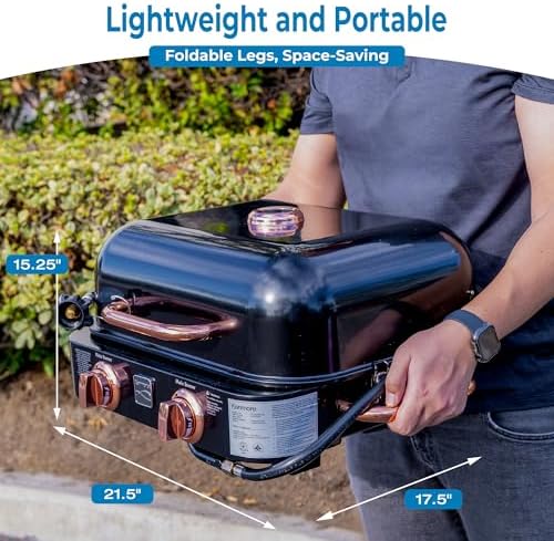 Kenmore 2-Burner Portable Gas Grill, Tabletop BBQ Grill with Warming Rack, Foldable Legs, Stainless Steel Burners, Fits 5 & 20 lb Propane Tanks, Ideal for Camping & Tailgating, Black & Copper - Image 2
