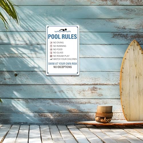 BEASTZHENG Pool Rules Sign Warning Swim At Your Own Risk Retro Metal Tin Sign for Swimming Pool Water Park Beach Decor for Outdoor 8x12 Inches - Image 4