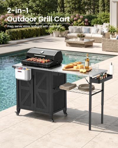 Outdoor Grill Cart with Storage Cabinet, 2-in-1 BBQ Prep Table with Foldable Side Shelf, Stainless Steel Top, Paper Towel Holder, Trash Bag Holder & Locking Wheels for Patio - Image 2
