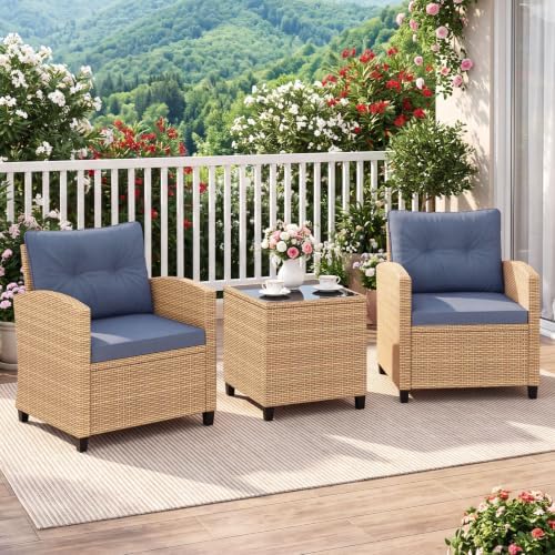 Tangkula 3 Pieces Patio Furniture Set, PE Rattan Wicker 3 Pcs Outdoor Sofa Set w/Washable Cushion and Tempered Glass Tabletop, Conversation Furniture for Garden Poolside Balcony - Image 3