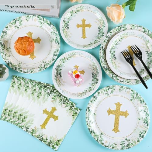 God Bless Tableware Set Baptism Plates First Holy Communion Plates and Napkins Mi Bautizo Eucalyptus Leaves Sage Disposable Dinnerware for Christening Baby Shower Party Supplies Serve 24 - Image 5