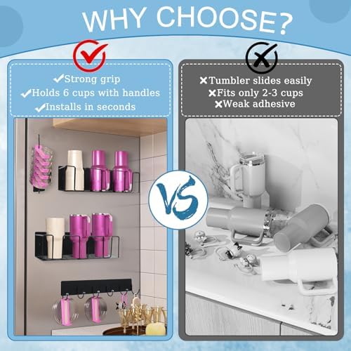 Strong Magnetic Stanley Cup Holder for Fridge, 2 Pack Magnetic Water Bottle Holder for Fridge with 1 Lid Rack & 6 Hooks, Space-Saving Storage Rack for Kitchen Fridge, Black - Image 7