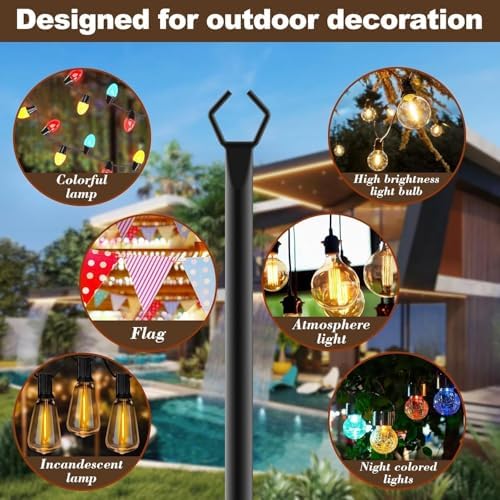 AILBTON 10Ft String Light Poles 8 Pack,Light Poles for Outside Lights,Outdoor with Fence Brackets Hanging Lights,Metal Stand Deck Patio Backyard - Image 3