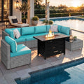 Shintenchi 8 Piece Outdoor Patio Furniture Set with 43 Inch Propane Fire Pit, Washable Cushions, Glass Coffee Table, Waterproof Cover & CSA Certified for Backyard Poolside, Silver PE Rattan/Blue by Shintenchi%7CFurnitureMadeforRealLife