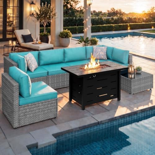 Shintenchi 8 Piece Outdoor Patio Furniture Set with 43 Inch Propane Fire Pit, Washable Cushions, Glass Coffee Table, Waterproof Cover & CSA Certified for Backyard Poolside, Silver PE Rattan/Blue by Shintenchi%7CFurnitureMadeforRealLife