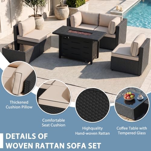 Shintenchi 6 Piece Outdoor Patio Furniture Set with 43 Inch Propane Fire Pit, Washable Cushions, Glass Coffee Table, Waterproof Cover & CSA Certified for Backyard Poolside, Black PE Rattan/Khaki - Image 4