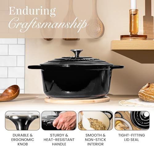 Nuovva Enamelled Cast Iron Dutch Oven Pot with Lid – 6.4 Quart Non Stick Casserole Pot – Heavy Duty & Oven Safe up to 500° F for Bread Baking, Braising, Stews, Roasting – 28cm Black - Image 6