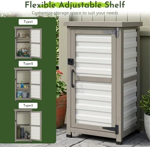 Small Outdoor Storage Cabinet with Waterproof Metal Top, White Wood & Plastic Potting Bench Table with Removable Shelf, Outside Cabinets Work Station for Patio, Balcony,17.9''x17.9''x33.5'' - Image 7