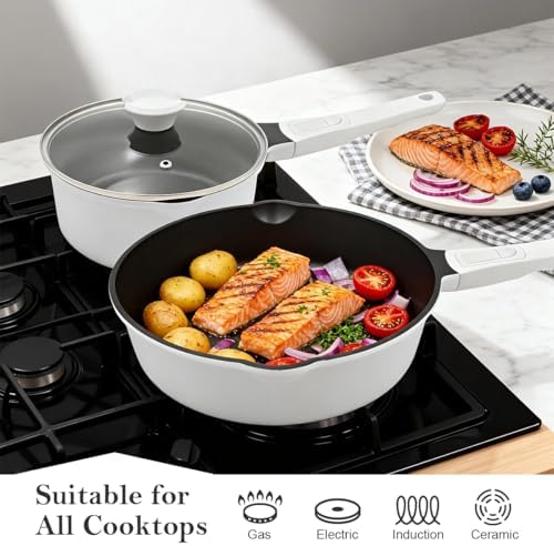 10 Inch Deep Frying Pan Skillet with Lid, Saute Pan Nonstick,White - Image 5