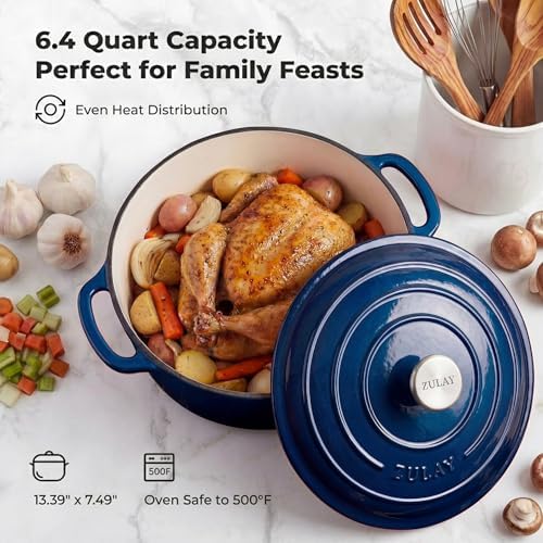 Zulay Kitchen 6.4QT Enameled Cast Iron Dutch Oven Pot with Lid, Heavy-Duty Soup Pot for Stews, Braising, Roasting & Sourdough Bread Baking, Oven Safe up to 500°F - Lapis Lazuli - Image 6