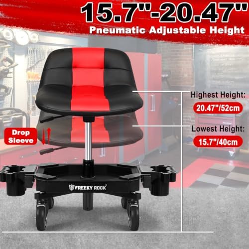 Rolling Stool with Wheels, Adjustable Height Pneumatic Garage Work Mechanic Stool Seat with Backrest, 400 LBS Capacity 360° Swivel Mechanic Crepper Chair with Tool Tray Storage, Red - Image 2