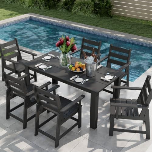 GREENVINES 7-piece Outdoor Dining Set, HDPE Table & 6 Armchairs, Black - Image 4