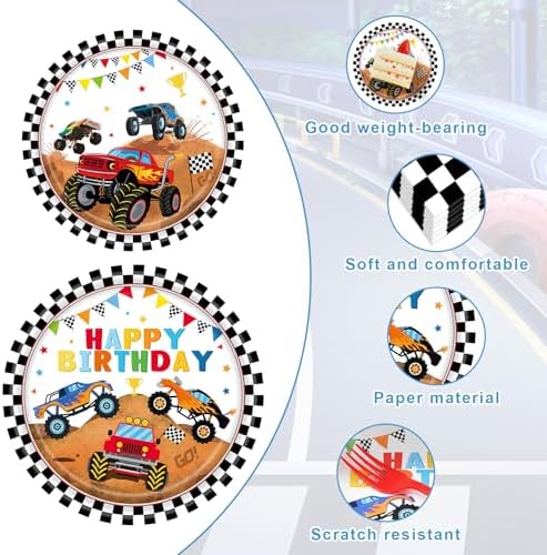 96 Pieces Monster Truck Birthday Tableware Set – Race Car Theme Disposable Plates, Napkins, and Forks for Kids Birthday Party or Racing Event, Serves 24 Guests - Image 3