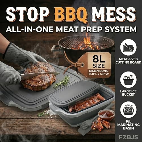 Collapsible BBQ Prep Tub with Lid & Cutting Board, 8L Meat Marinating Basin - Image 2