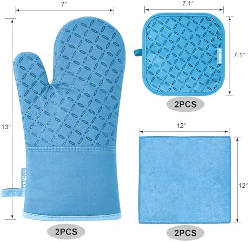 KEGOUU Oven Mitts and Pot Holders 6pcs Set, Kitchen Oven Glove High Heat Resistant 500 Degree Extra Long Oven Mitts and Potholder with Non-Slip Silicone Surface for Cooking (Sky Blue) - Image 2