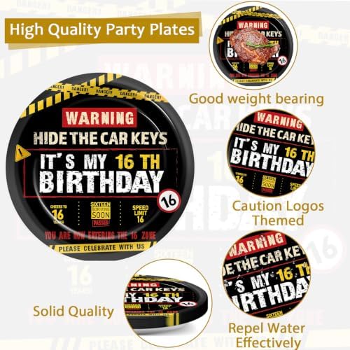 96 PCS Caution Logos 16th Birthday Party Paper Plates and Napkins 16 Years Old Party Decor Warning Sign Themed Teens 16th Dinnerware for Boys Girls 16 Years Old Birthday Gatherings Decorations - Image 3