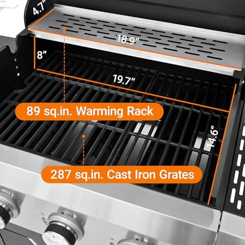 Endark 3-Burner Propane BBQ Grill, 40500 BTU with Side Burner, Stainless Steel, Cast Iron Grate, Thermometer, Rolling Wheels - Image 4