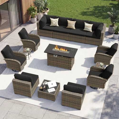 Aoxun 14 Piece Outdoor Patio Furniture Set with 44'' Fire Pit Table, Wicker Rattan Outdoor Furniture with High Back Swivel Rocker Chairs, Outdoor Conversation Set with Thick Cushion, Black by Aoxun
