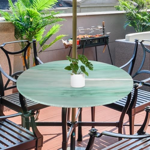Fitted Round Tablecloth with Umbrella Hole and Zipper Green Stripes Texture Outdoor Elastic Table Cloth 45"-56" Oil-Proof Waterproof Gradient Patio Table Cover for Party Outdoor - Image 2