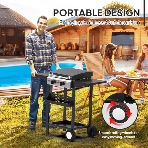 ROVSUN 2 Burner Portable Propane Griddle with Enameled Tray & Lid, 20000 BTU Rolling Flat Top Gas Grill with Electronic Ignition, Side Shelves & Regulator for Outdoor Cooking Camping BBQ Tailgating - Image 4